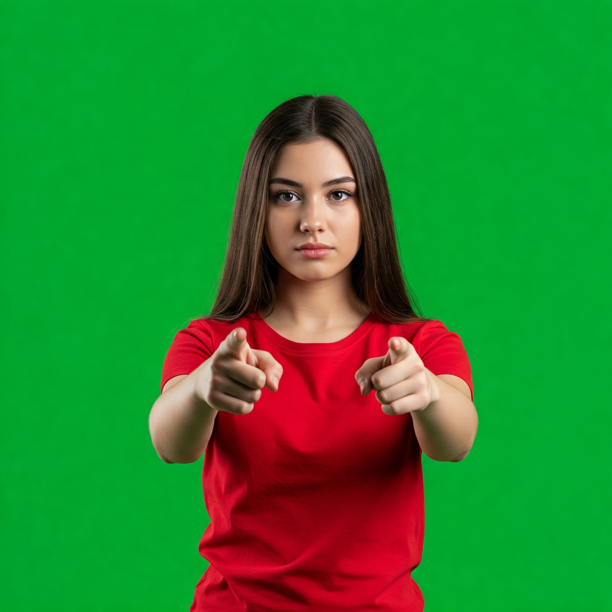 photo of Young Woman in Red T-Shirt Pointing at Viewer Against Green Screen